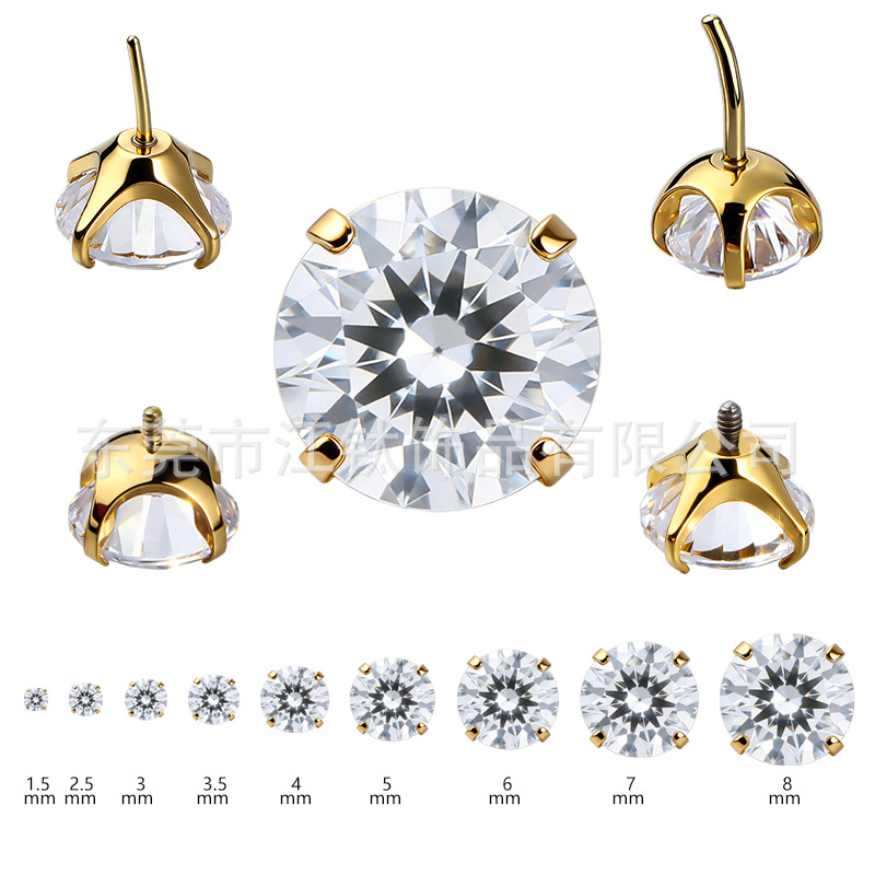 F136 Titanium Ear Stud with 18K Gold Claw Setting and Round Zircon - G23 Alloy Body Piercing Cartilage Stud - Image 2