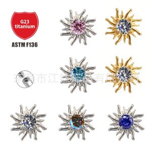 Jiangtai F136 Titanium Alloy Sea Urchin Ear Stud with 5A Zircon - 18K Gold Plated Body Piercing Jewelry