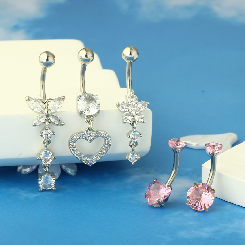 Heart-Shaped 5-Piece Belly Button Ring Set - Stainless Steel Zircon Navel Jewelry for Women - Image 4