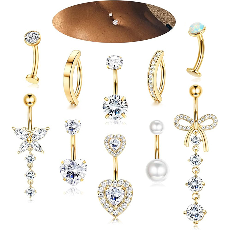 10-Piece Pink Peach Heart Butterfly Navel Ring Belly Button Piercing Jewelry Set - Image 5