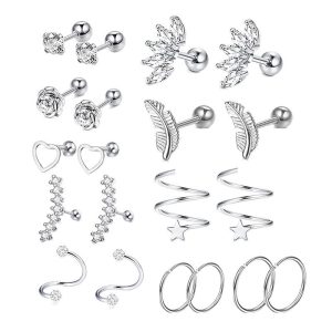 20-Piece 16G Body Piercing Jewelry Set - Simple Earrings, Ear Cuffs, Ear Nails, Cartilage Ear Bone Set, 3 Colors