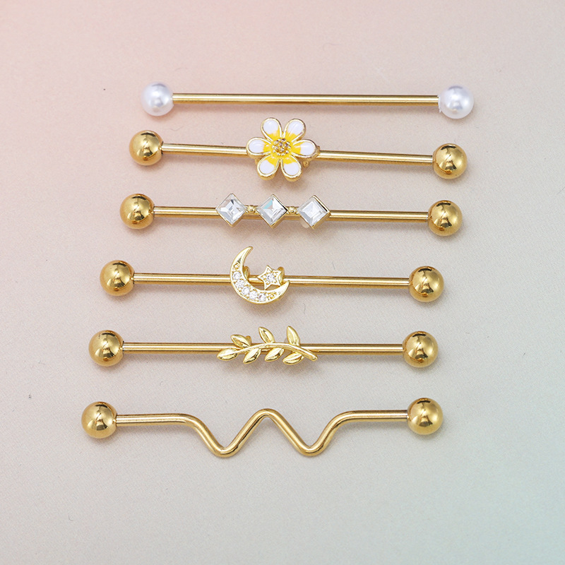 6-Piece Stainless Steel Industrial Ear Stud Set with Moon and Floral Designs, Fashionable Cartilage Piercing Jewelry - Image 2