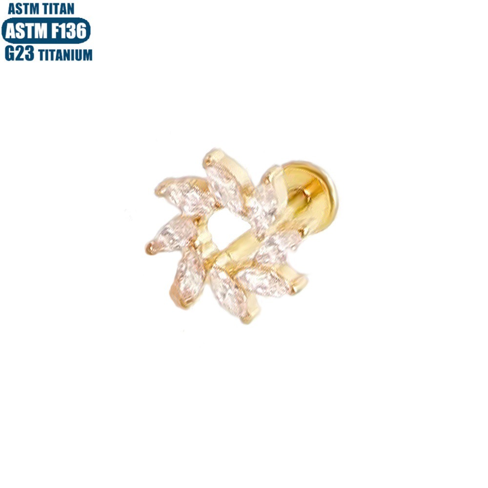 F136 Titanium Alloy Flower Lip Ring with CZ Stone Internally Threaded Lip Piercing Jewelry Gold - Image 2