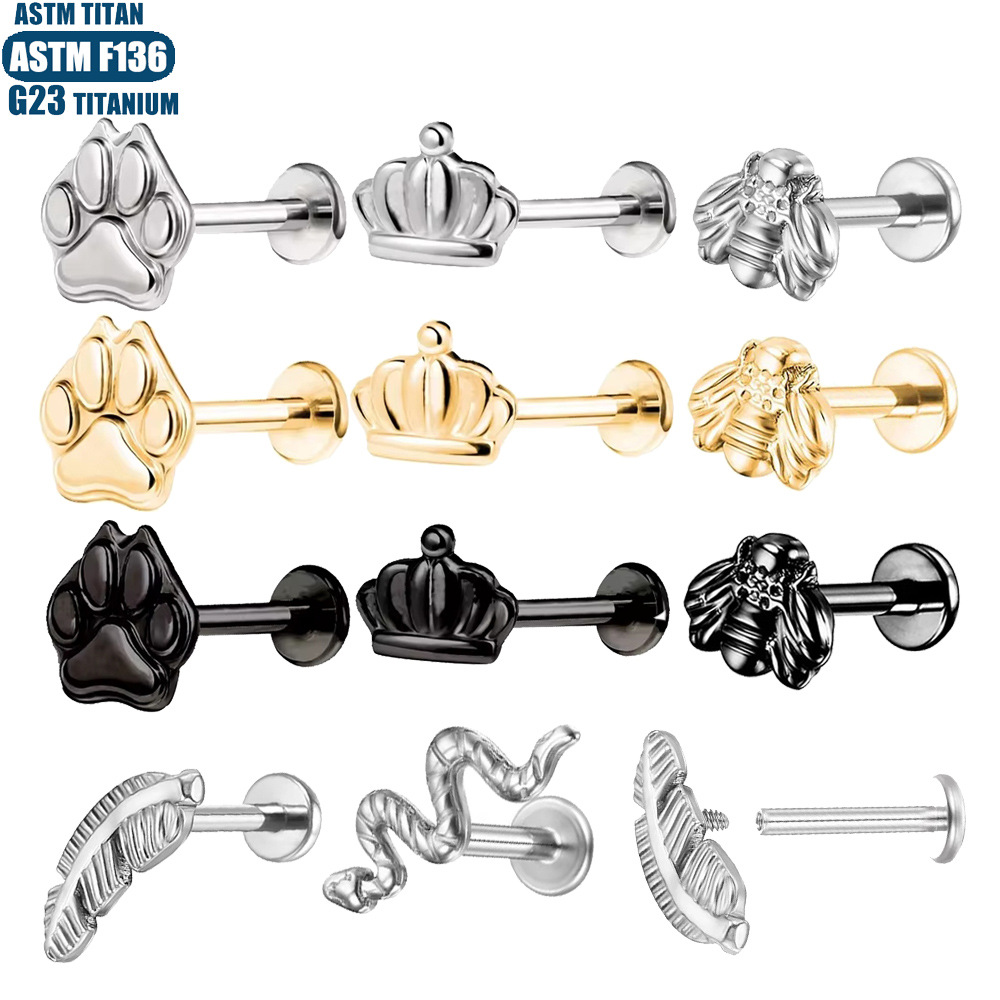 F136 Titanium Alloy Lip Ring Small Ear Nail Thread Inner Tooth Ear Bone Nail Tragus Piercing Earring Cartilage Ring Snake Lip Nail - Image 5
