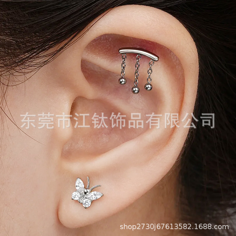 G23 Titanium Butterfly Ear Stud with Zircon Inlay for Cartilage Piercing - Image 4