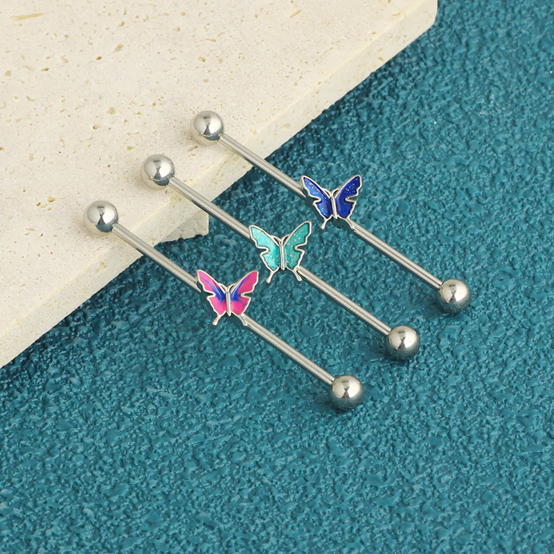 14G Industrial Barbell Ear Studs External Thread Drop Oil Butterfly Ear Bridge Double Ear Hole Straight Rod Pearl Ear Studs - Image 5