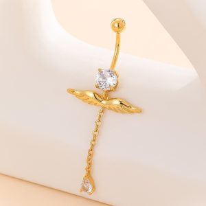 Gold Copper Inlaid Zircon Angel Wing Stainless Steel Pendant Belly Button Ring