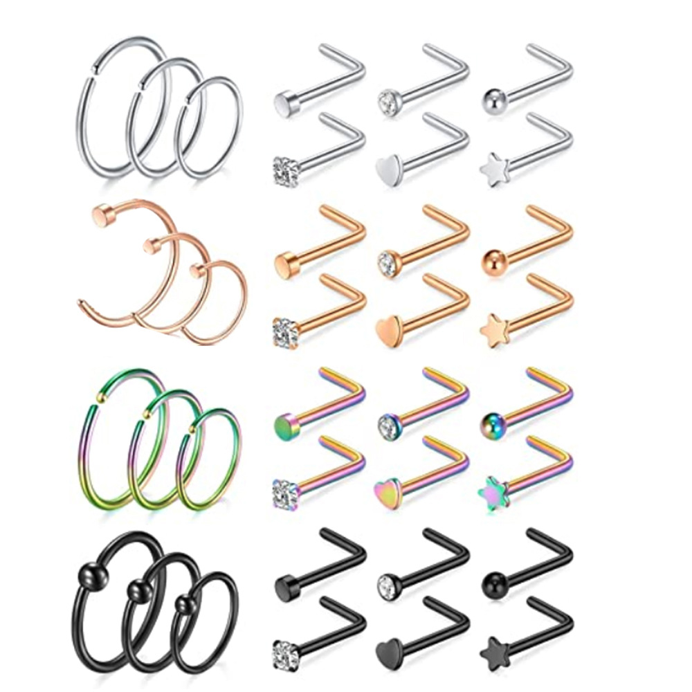 Rose Gold Nose Nail Ring Set 20G Stainless Steel CZ Piercing Jewelry - 30 Pcs - Image 3