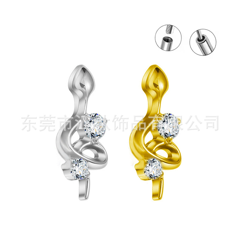 G23 Titanium Snake Shape Ear Cartilage Stud Earring with CZ Gems for Helix Tragus Piercing Gold - Image 5