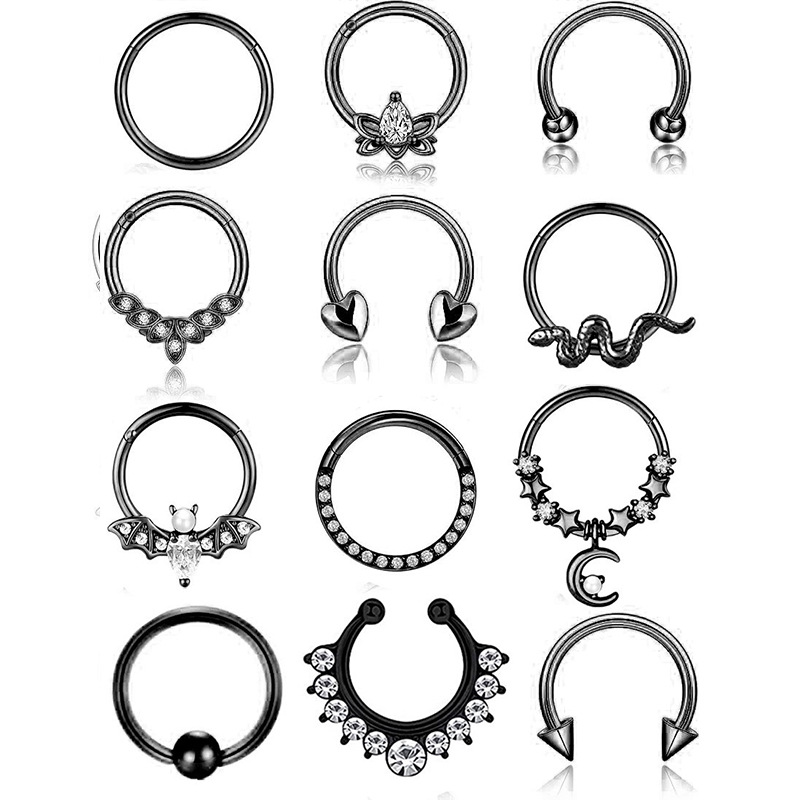 12Pcs Stainless Steel Open Nose Ring Set European American Bat Zircon Earrings Nose Stud Piercing Jewelry - Image 4