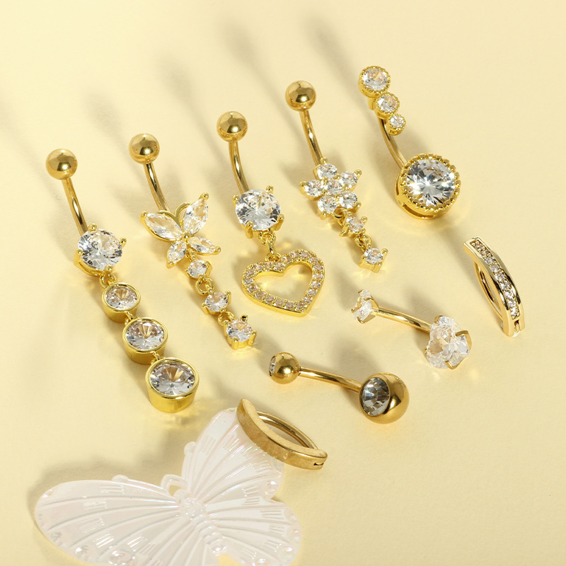 9 Pieces Stainless Steel Belly Button Ring Set Copper Inlaid Zircon Water Drop Heart Shaped Belly Piercing Jewelry - Image 2
