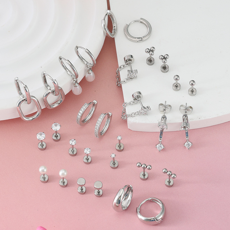 30-Piece Set Stainless Steel Zircon-Encrusted Earrings and Hoops Piercing Jewelry Wholesale - Image 4