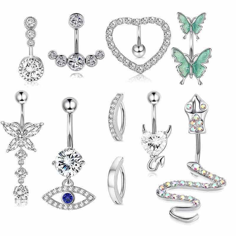 Rose Gold Stainless Steel Inlaid Zircon Belly Button Ring Love Full Diamond Belly Nail Butterfly Piercing Jewelry 10-Piece Set - Image 3