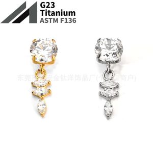 F136 Titanium Gold-Plated Round Zircon Triple Marquise Pendant Lip Stud Ear Stud Ear Bone Stud G23 Titanium Alloy Piercing Jewelry