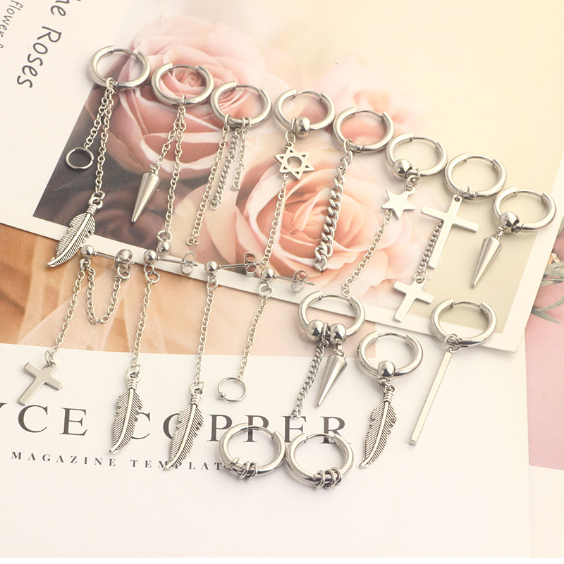 17-Piece Stainless Steel Fashion Earring Set - Black Geometric Hip Hop Earrings for Men - Image 3