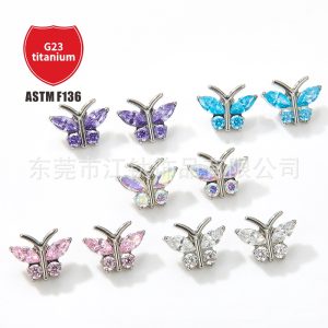 G23 Titanium Alloy Butterfly Ear Bone Nail - F136 Titanium Ear Nail with Zircon Butterfly Lip Nail