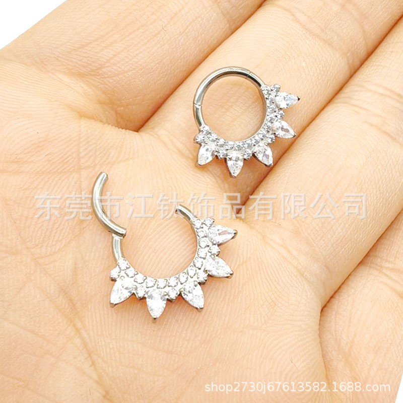 Titanium Nose Ring Closed Hoop with Petals Inlaid 5A Zircon G23 ASTM F136 Body Piercing Jewelry - Image 3