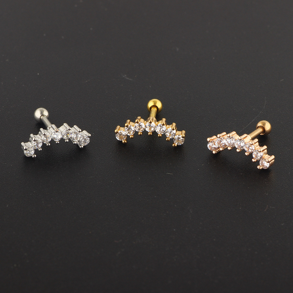 Moon 7 Zircon Fashion Stainless Steel Women's Ear Bone Screw Earrings Piercing Jewelry Rose Gold - Image 2