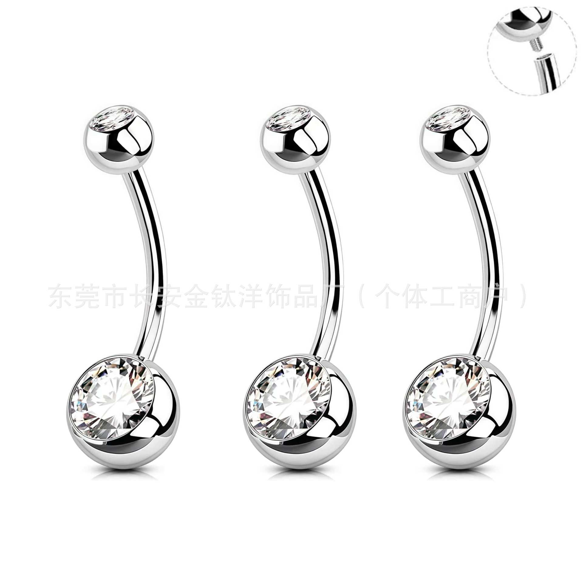 F136 Titanium External Thread Double-Ended Curved Rod Zircon Navel Piercing Ring - G23 Titanium Alloy Body Jewelry - Image 5