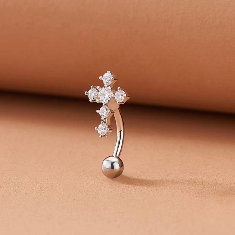 Gold Tone Belly Button Ring with Zircon Cross Design - Fashion Navel Piercing Jewelry - Image 3