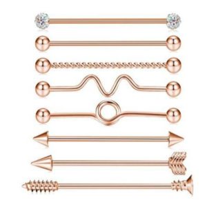 Rose Gold Arrow Screw Ear Expansion Industrial Barbell Double Ear Piercing Straight Bar Set 8Pcs Black
