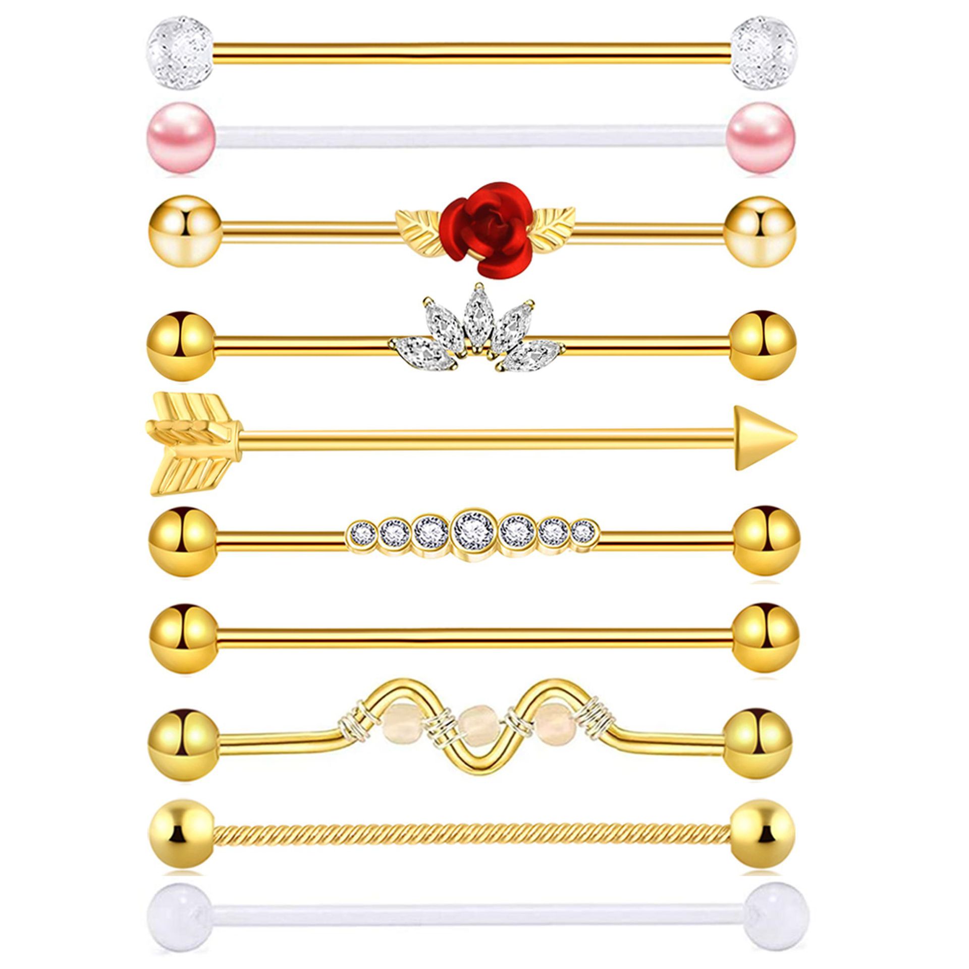 10-Piece 14G Stainless Steel Industrial Ear Studs Set - Gold Straight Bar with Zircon Flower Long Bar Ear Bridge Studs for Helix Piercing - Image 5