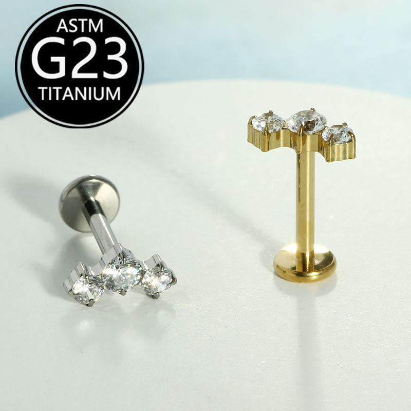 G23 Titanium Lip Stud with Zircon Internally Threaded Piercing Jewelry Cartilage Ear Bone Stud - Image 3