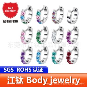G23 Titanium Alloy Earrings Cartilage Stud D-Shape Zircon Inlaid Piercing Jewelry 14G 12mm