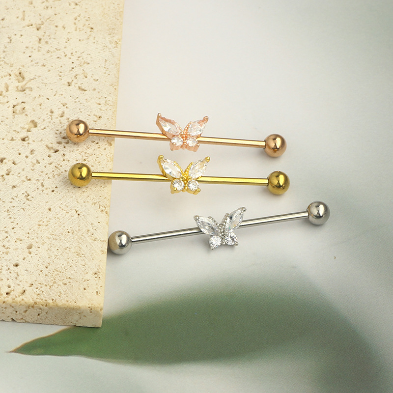 14G External Thread Industrial Barbell Butterfly Zircon Ear Bridge Double Ear Piercing Stud Earrings - Image 5