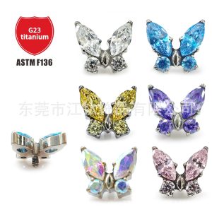F136 Titanium Stud Earrings with Zircon Butterfly - Lip Stud Ear Bone Piercing Jewelry G23 Titanium Alloy