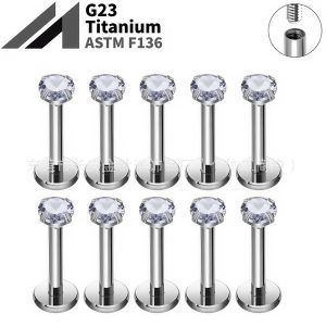 F136 Titanium Round Base Four-Prong Inlaid 5A Zircon Lip Stud Nose Stud G23 Titanium Alloy Body Piercing Jewelry Ear Bone Stud
