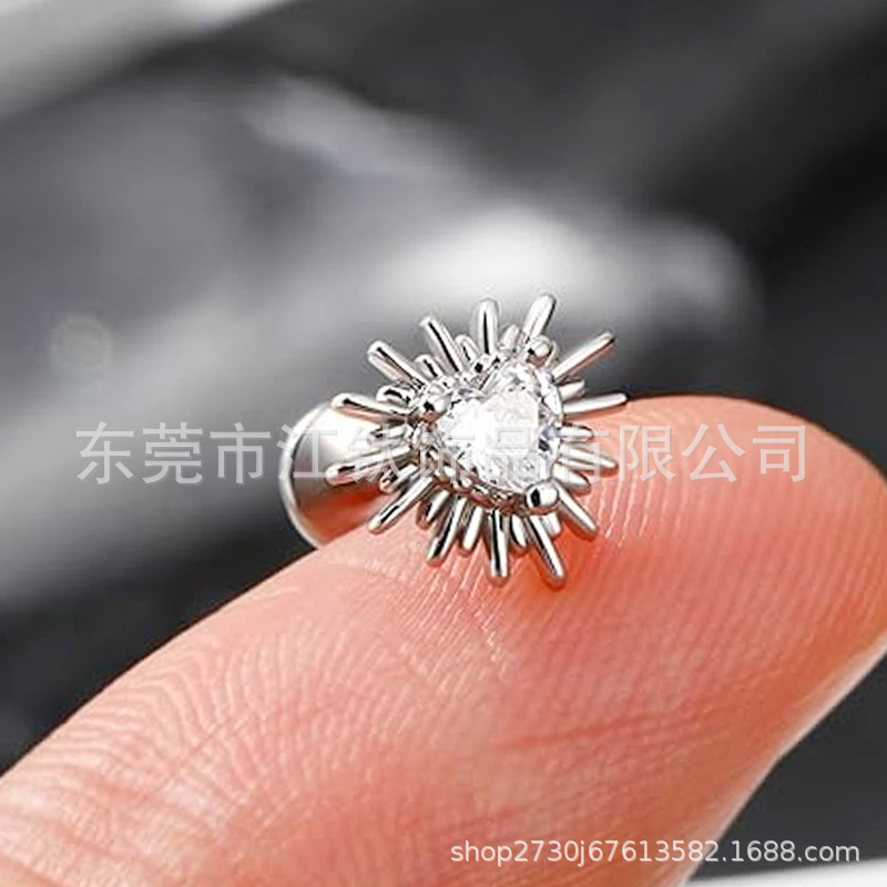 Love Sea Urchin Heart CZ Diamond G23 Titanium Alloy Ear Cartilage Stud Piercing Jewelry - Image 2