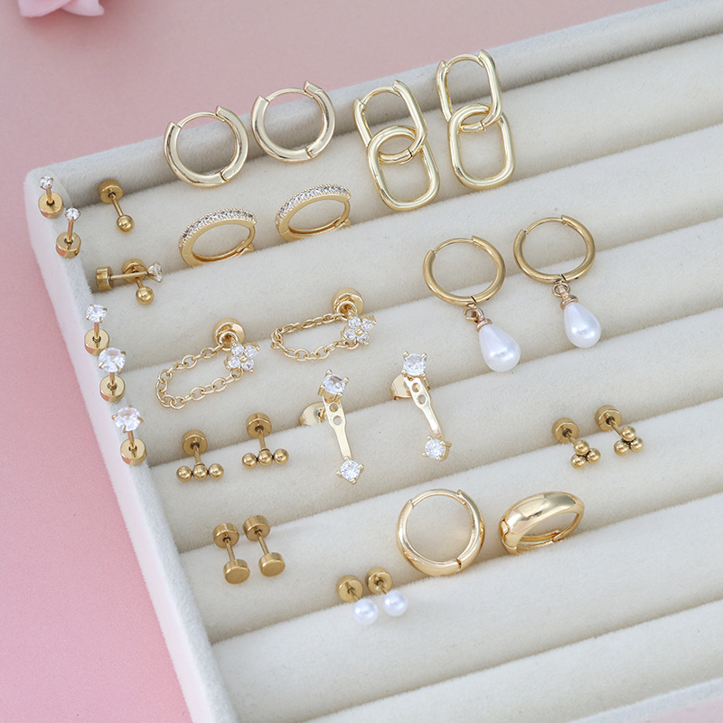 30-Piece Set Stainless Steel Zircon-Encrusted Earrings and Hoops Piercing Jewelry Wholesale - Image 3