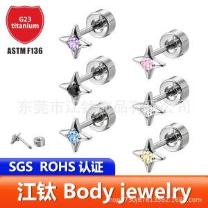 G23 Titanium Round Star Zircon Ear Stud - Cartilage Helix Earring for Men Women