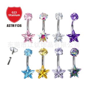 G23 Titanium Star Navel Ring with CZ - 1.6mm 12mm Belly Button Ring