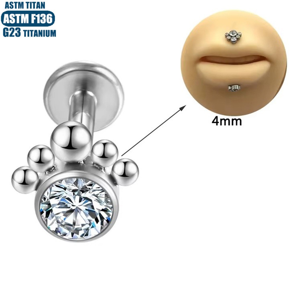 F136 Titanium Perforated Lip Ring Zircon Bead Cluster Thread Inner Teeth Small Ear Stud Lip Stud Earrings - Image 4