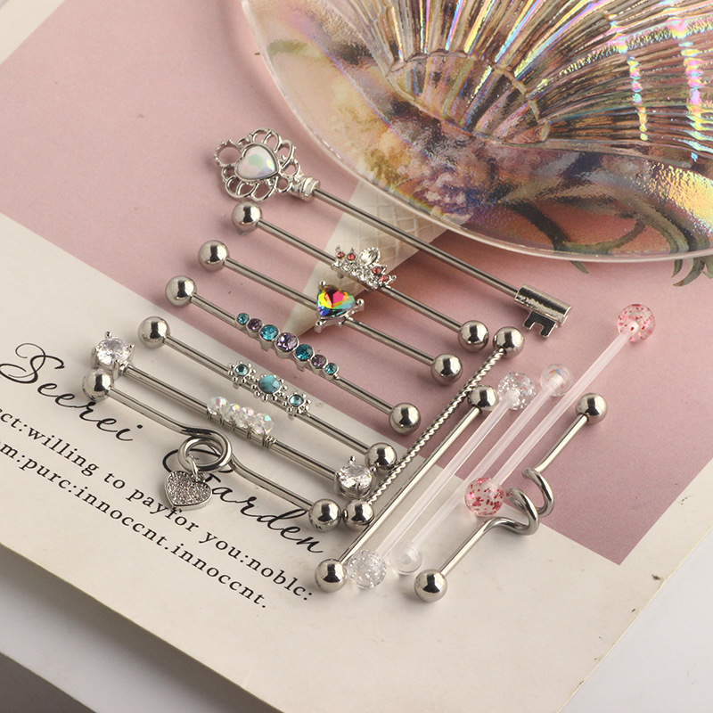 Heart Shaped Industrial Barbell Ear Studs Stainless Steel Cartilage Piercing Jewelry Set - Image 5