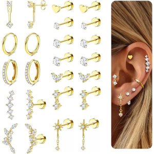 24-Piece Stainless Steel + Copper Zircon Stud Earrings Set, Trendy Ear Bone Studs for Women, Wholesale Earring Set