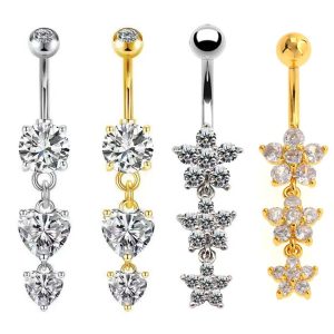 Cross-Border Popular Stainless Steel Zircon Belly Button Ring with Heart Flower Pendant Unisex