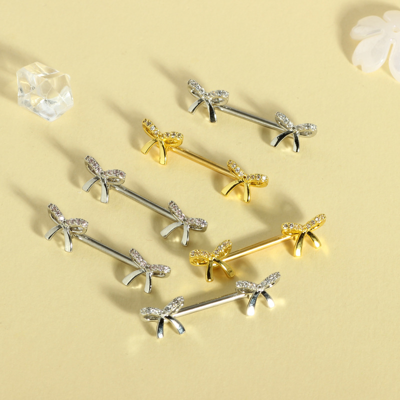 Cute Pink 16G Stainless Steel Bow Zircon Nipple Ring Exquisite Nipple Jewelry Pair - Image 4
