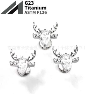 F136 Titanium Christmas Reindeer Antler Earrings with Zircon Inlay, G23 Titanium Alloy Body Piercing Jewelry, Ear Bone Studs