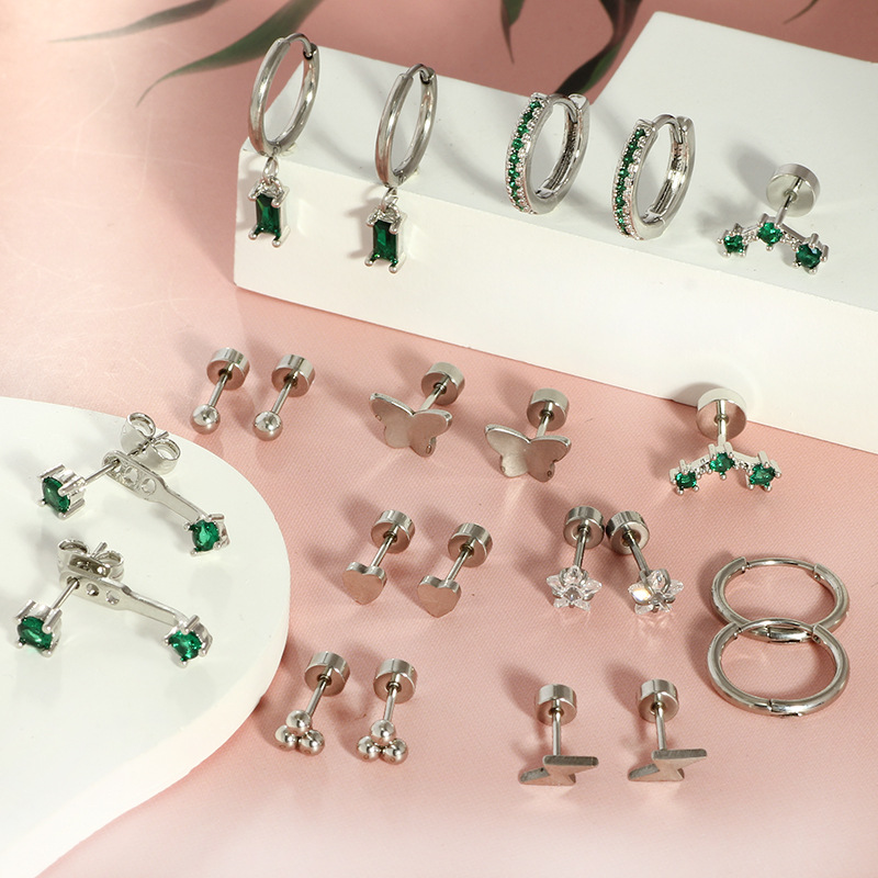Trendy Real Gold Stainless Steel Electroplated Green Zircon Earrings Set for Women and Men - Image 4