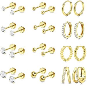 12-Pair Stainless Steel Earrings Set with CZ Diamond, Silver Ball Hoop Geometric Earrings for Women Men