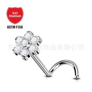 G23 Titanium Nose Stud S-Curved Flower Inlaid 5A Zircon Nose Ring ASTM F136 Piercing Jewelry