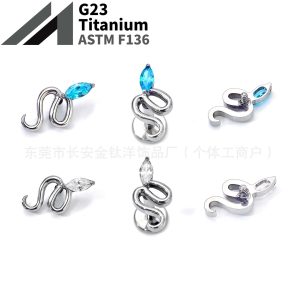 F136 Titanium Snake-Shaped Single Diamond Zircon Ear Stud Nose Stud Lip Stud G23 Titanium Alloy Body Piercing Jewelry Ear Bone Stud