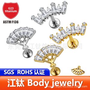 G23 Titanium Alloy Fan-Shaped Cubic Zirconia Ear Stud Cartilage Earring