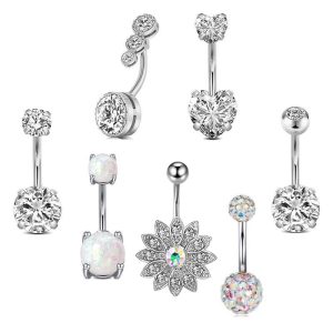 Sunflower Love Belly Button Ring Set Stainless Steel Dangle Navel Piercing Jewelry Rose Gold
