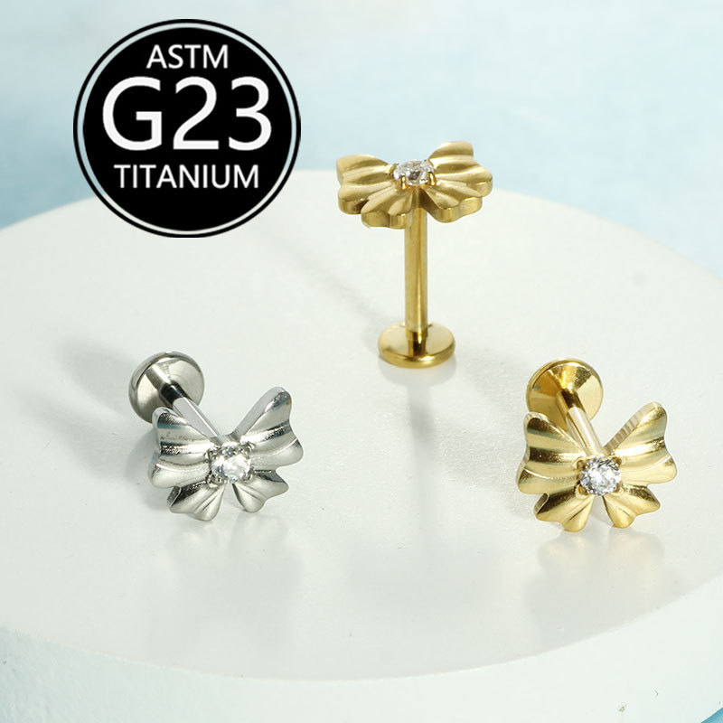 F136 Titanium Alloy Bowknot Lip Stud 16G Internal Thread Ear Bone Stud G23 Titanium Piercing Jewelry - Image 4