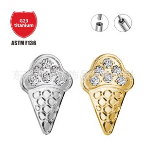 G23 Titanium Ear Cartilage Stud Ice Cream Inlaid with Zircon Gold Threaded Earring