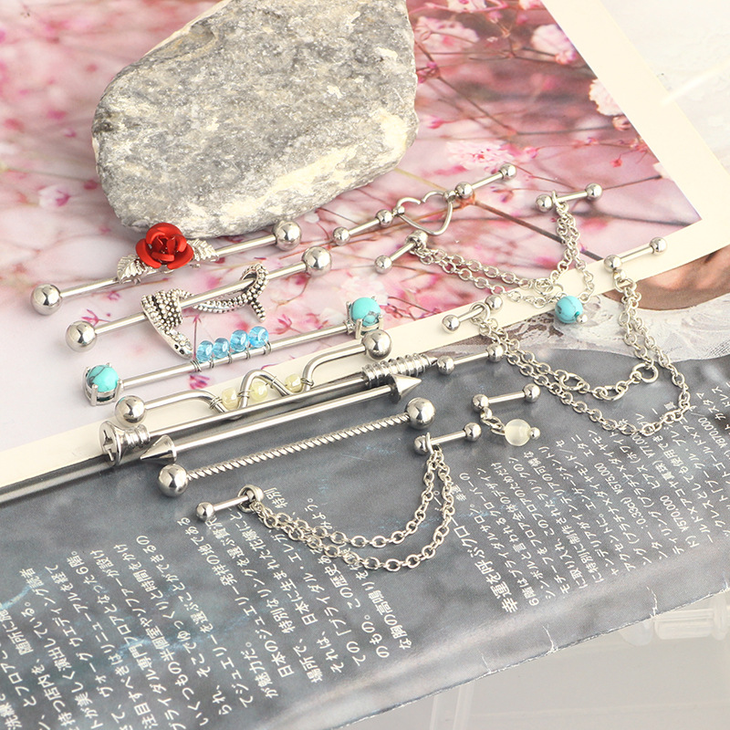 13Pcs Industrial Barbell and Ear Bone Nail Set Handmade Chain Earrings European American Body Jewelry Rose Gold Turquoise - Image 5